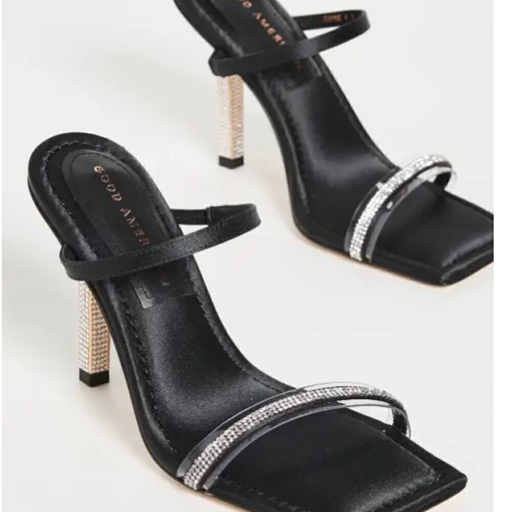 Good American Satin Rhinestone Sandals strappy bling 6.5 black NEW NIB